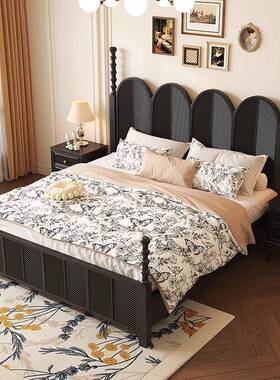 黑色轻美式668人床1.8米储物高箱双1.5m古雕花中风法式复古实木奢