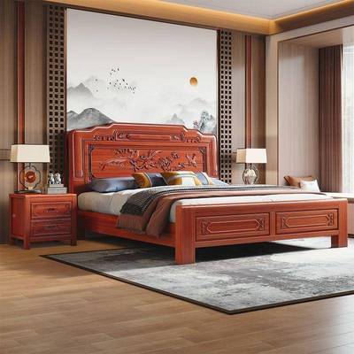 檬实榆花木榫卯木床双人1.梨8中式古雕花主卧大典床1.5LAT家用可