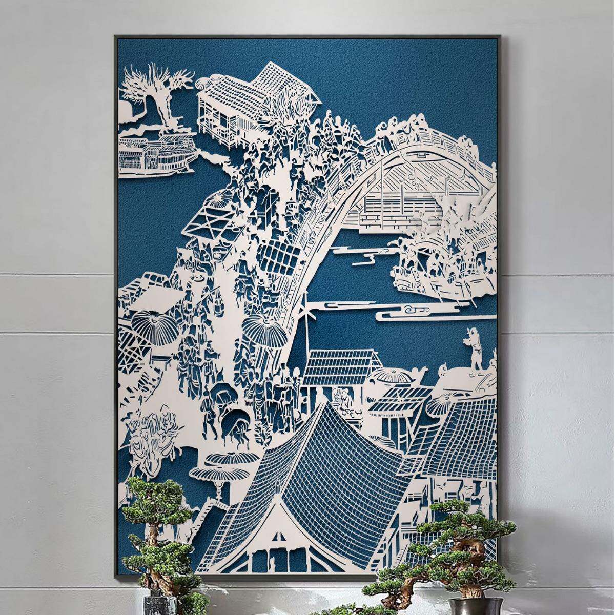 新中式清明上河图客厅背景装饰画入户玄关不锈钢肌理茶室立体挂画