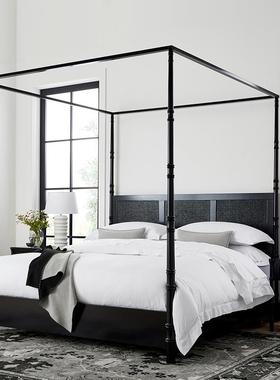 9W美式实木床黑色复古双人藤床简约1.5米1.8轻奢法式罗马柱主卧婚