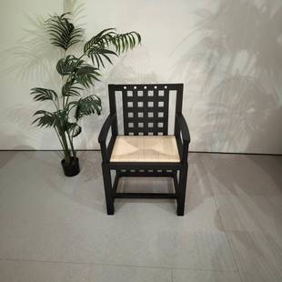 贝母格子椅设计师实木藤编椅子家用靠背餐椅简约复古绳编黑色餐椅