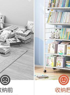 儿童架铁艺置靠物架墙边储物架落地可移动书桌折叠FXI带轮架子书