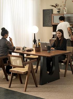 北美胡桃木实木26445餐桌方形黑台原木客厅大长餐书长桌一体工作