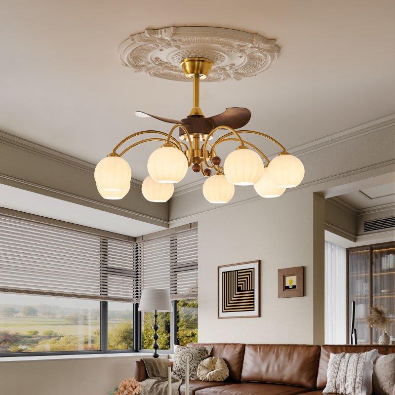 厅胡桃木色法式客风扇吊灯中古静音58632电机卧室书房护眼美式餐