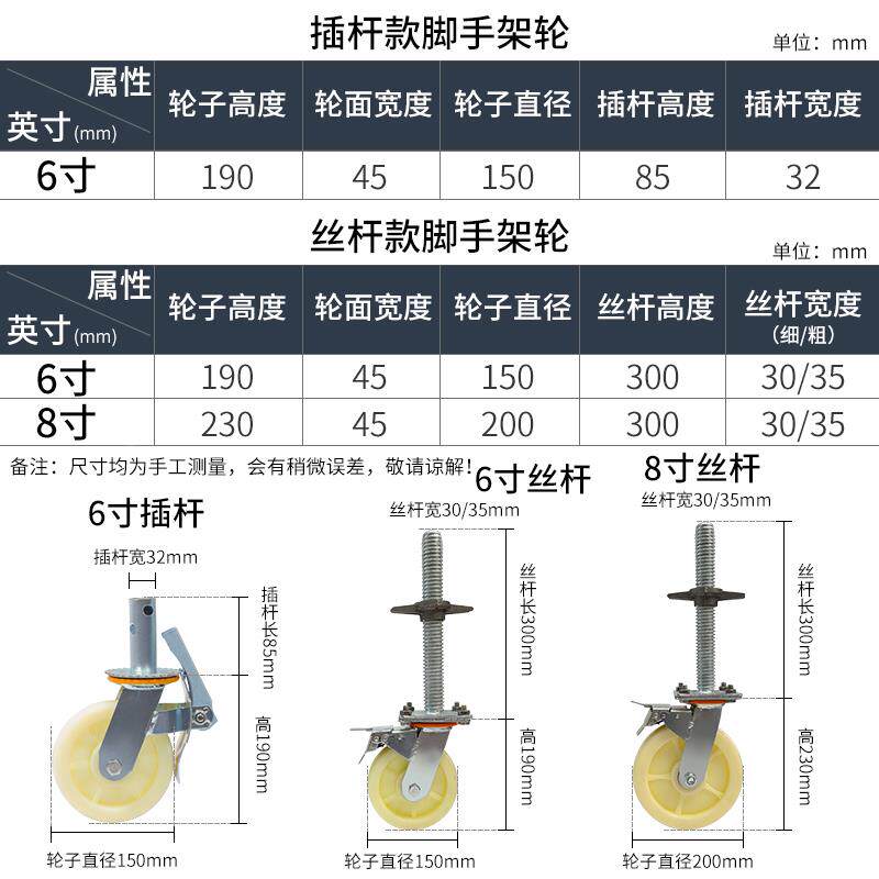 脚手架轮子万向重型橡胶轮移动货架轮68寸脚滑轮轮带刹车尼XHD-04