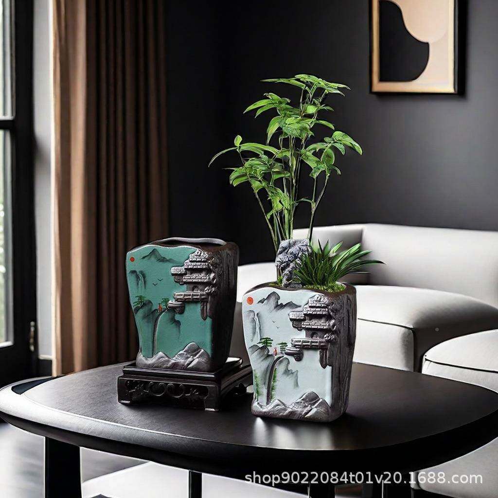 手绘花盆陶瓷意窑哥水山画新中式盆091器复古创浮雕盆室内家用飘