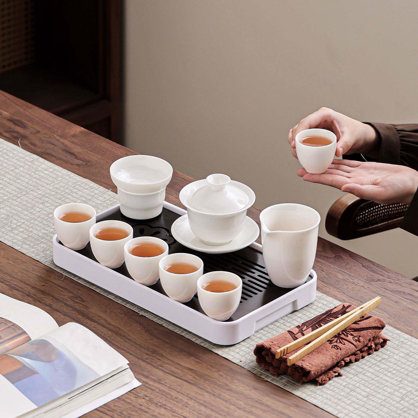 脂玉行功夫茶具套装便携式家用陶瓷盖碗羊脂玉套茶杯带旅盘整羊套