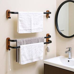 浴室凉毛巾杆单杆双杆毛巾架卫生间免打孔铝合金毛巾挂钩黑胡桃木