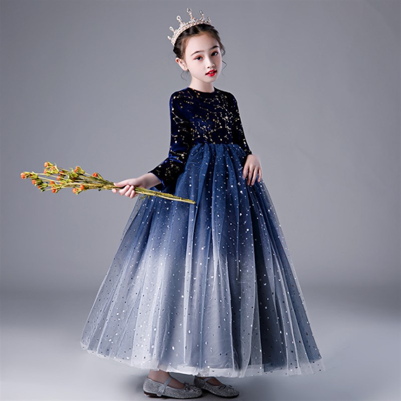 大码女童礼服中小学生显瘦连衣裙气质长裙儿童公主裙钢琴主持人蓝