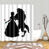 浴室黑白浴帘 卡通美女与野兽背景网红直播布 加厚涤纶防水洗澡帘