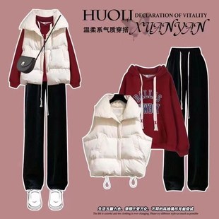 秋冬装搭配一整套女大童初中高中学生甜美加绒卫衣马甲休闲裤套装