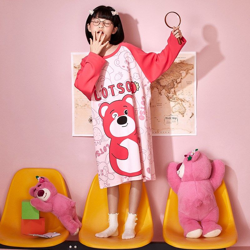 女童睡裙春秋纯棉长袖薄款儿童睡衣2024新款中长款亲子母女家居服