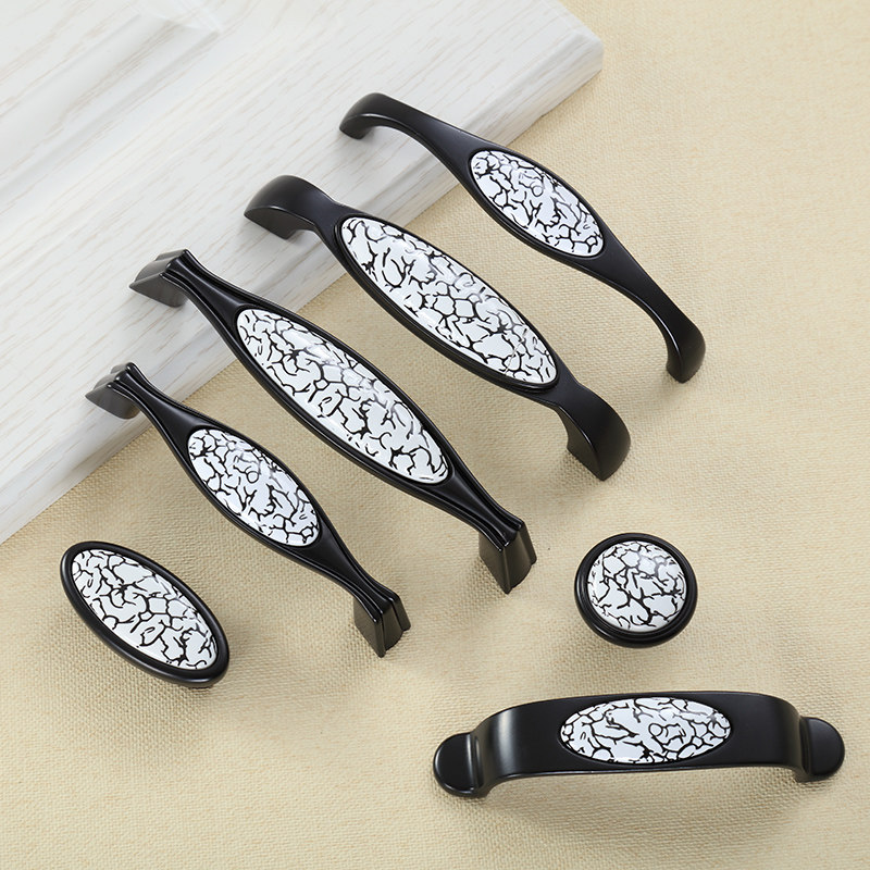 柜门拉手北欧轻奢衣柜橱柜黑色裂纹陶瓷锌合金拉手简约抽屉把手