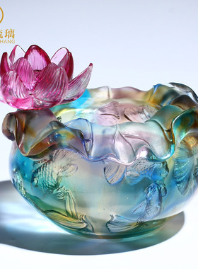 琉璃金鱼聚宝盆摆件招财创意莲花工艺品存钱罐家居客厅高档装饰品