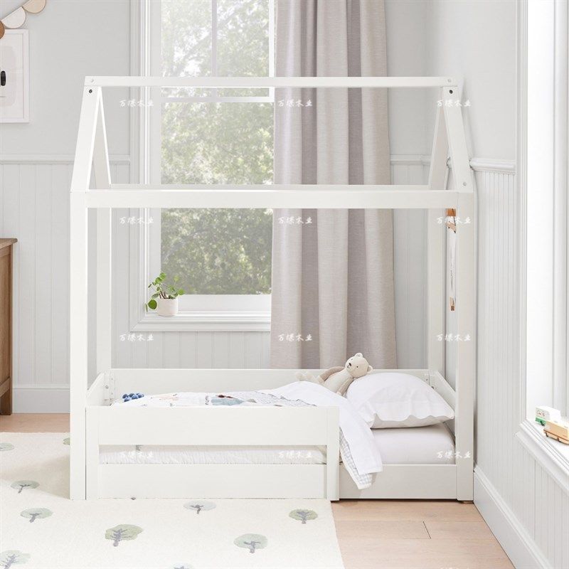 简约儿童床卧室白色木屋房子床定制小户型全实木树屋床帐篷城堡床