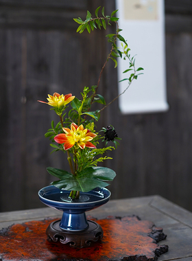 高脚盘网红插花器皿花器禅意日式中式剑山插花器花道陶瓷花盆摆件