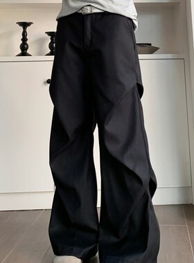 TWORED美式小众褶皱拖地微喇休闲裤高级感宽松直筒垂感黑色西裤男