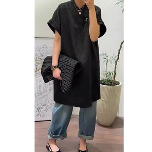 新中式国风改良黑色旗袍裙大码女装200斤胖mm显瘦宽松长款上衣夏