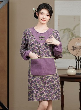 2024家用厨房围裙中式复古手盘扣新款纯棉防水防油罩衣成人女