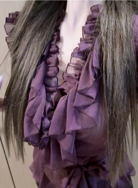 *紫定能火*超薄若隐若现显肤白紫色百褶荷叶边雪纺面料绑带上衣