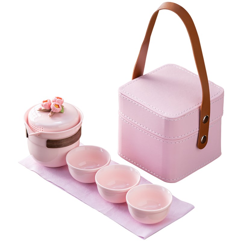 2024粉色茶具女士茶具捏花旅行茶具套装旅游一人一杯泡茶便携茶具