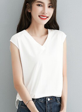 白色V领无袖上衣女士性感褶皱下摆宽松显瘦背心内搭打底外穿T恤夏