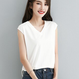 白色V领无袖 上衣女士性感褶皱下摆宽松显瘦背心内搭打底外穿T恤夏