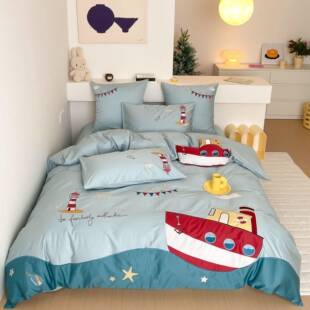 儿童男孩子四件套纯棉卡通可爱刺绣床上用品蓝色帆船全棉被套床单