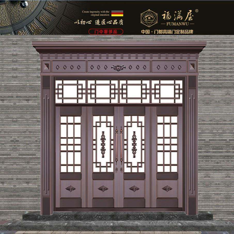 铜门玻璃门采光洁净户外高端别墅大门锌合金仿铜玻璃双四开入户门