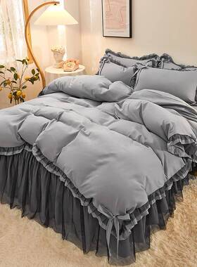 公主蕾套LLA50602丝蝴蝶结水裙洗磨毛床韩双人四件版床罩纯素色4