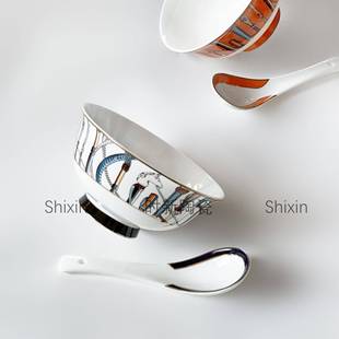 骨防瓷 用轻奢陶瓷H1582碗家烫餐具高米脚碗碗勺套装 新款 权杖欧式