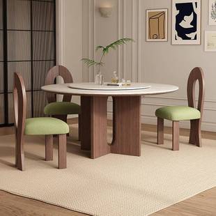 中古风洞式石岩板户圆形实饭桌法复古木白FND蜡木家用大型转盘餐