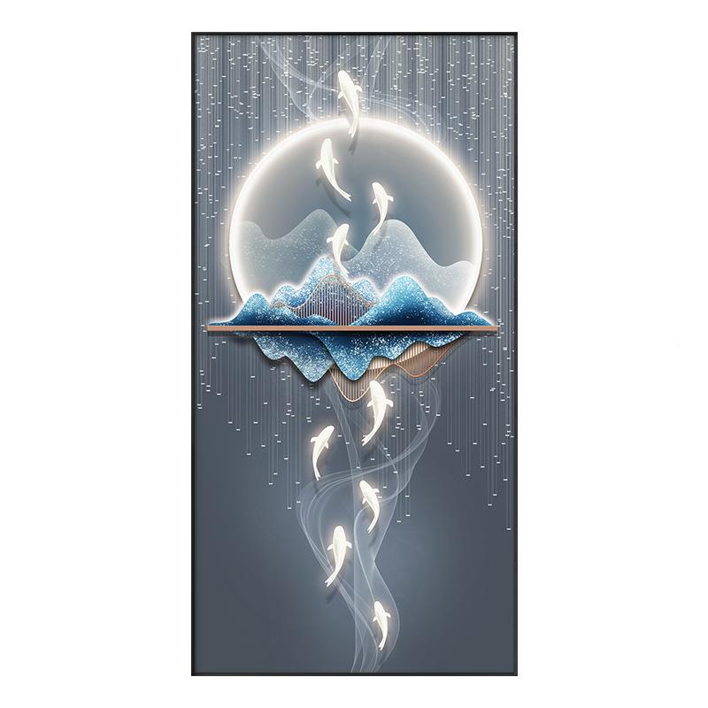 现代大轻奢玄关装饰画LED灯光山水画cyyxd855挂九鱼图进廊门走过