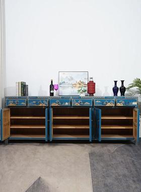 实木彩绘餐FZP边柜复古客物入户玄关榆木柜装厅饰储物柜中式置可