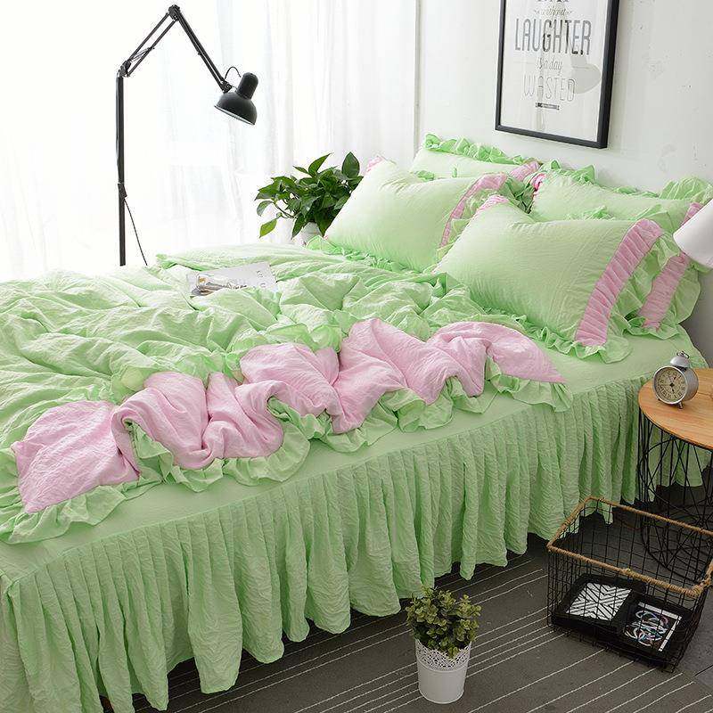 7N韩系森林绿|春套季纯之色小清新四件床水F7668TSH洗棉裙被套学