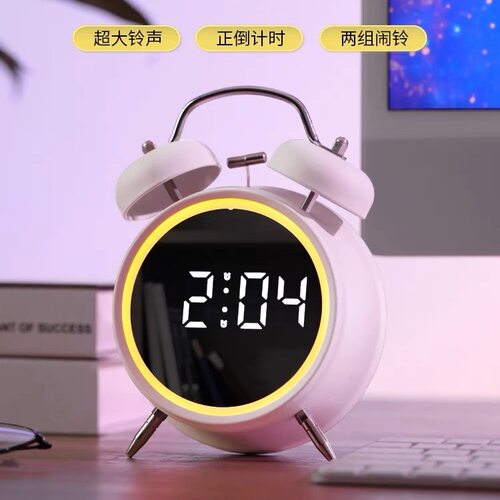 翰林时光圆形4寸LED液显打铃闹钟充电黑白银三色8890