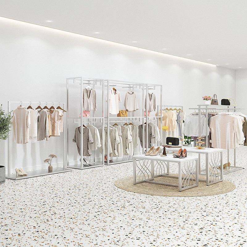 服装店展示架落地式银色服装架子简约正挂女装店货架陈列侧挂衣架