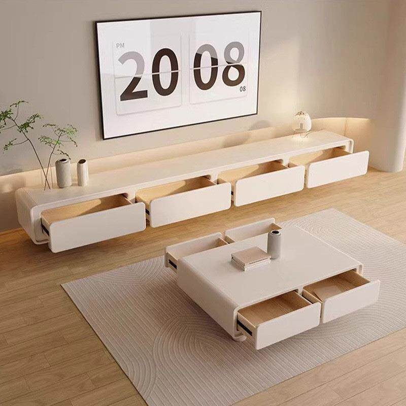 法式极简奶油风白电视柜落地简约现代茶几组合客厅家用小户型极简