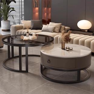 岩板茶几客厅实木桌几阳台小户型家用简约轻奢圆形边几可伸缩组合