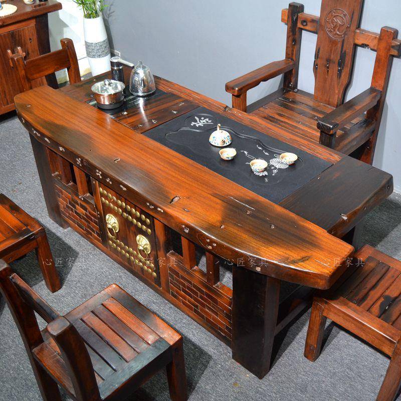 老船木茶桌椅组合狮子头大门茶台全实木茶几客厅店面办公室茶艺桌