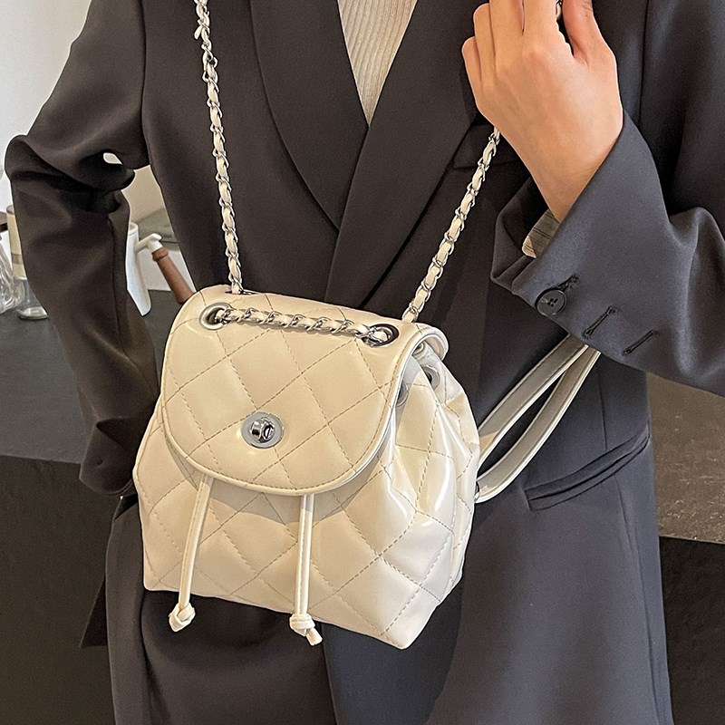 双肩包女时尚2024新款银色高级感小众设计链条包小型女士白色背包图片