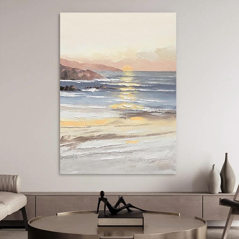 手绘油画布肌理立海体边日出玄风景酒店挂画装饰画轻厅奢672客关