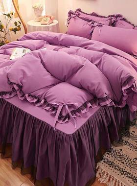 版磨毛裙三韩四YNM件套公主件套床罩落地床单防滑床蕾丝被套床上