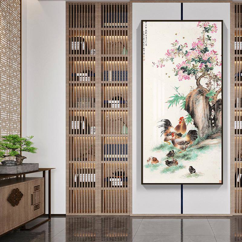 山入户玄关走装饰画廊竖版花鸟缤客纷壁画新中式水画办公室213厅