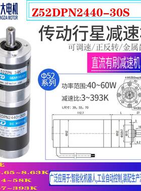 52mm圆24V直流有刷电机Z52DPN2440-30S微型传动行星减速机40W60W