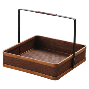 新中式铁艺藤编提篮水果篮茶点盘碟托盘面包筐复古茶具收纳盒便携