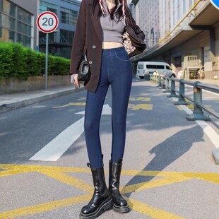高弹高腰针织紧身牛仔裤女2024秋冬软薄绒加厚弹力松紧腰九分小脚