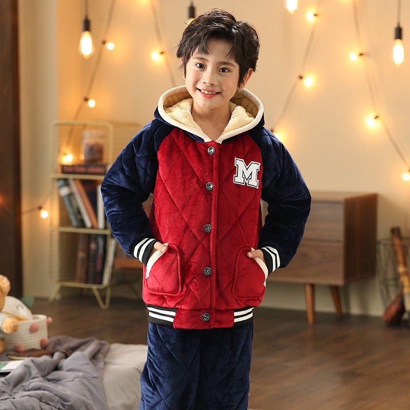 儿童睡衣冬季加厚款男孩三层夹棉冬款小孩中童男童加绒家居服套装