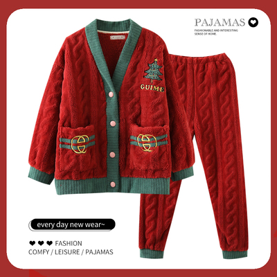 秋冬款睡衣女加绒加厚保暖珊瑚绒冬季法兰绒本命年红色家居服套装