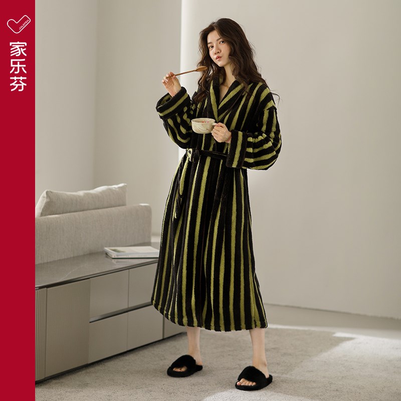 家乐芬睡袍女士睡衣浴袍秋冬季冬款法兰绒长款加厚加绒大码珊瑚绒